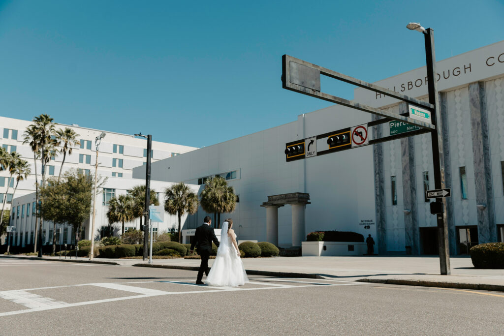 couple outside for their courthouse elopement in downtown tampa