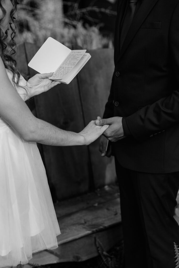 couple holding hands while reading their vows