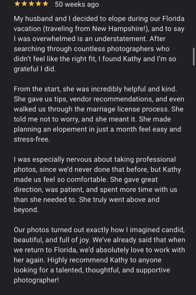 testimonial from a couple about their experience with kathryn johnson photography their tampa elopement photographer they hired