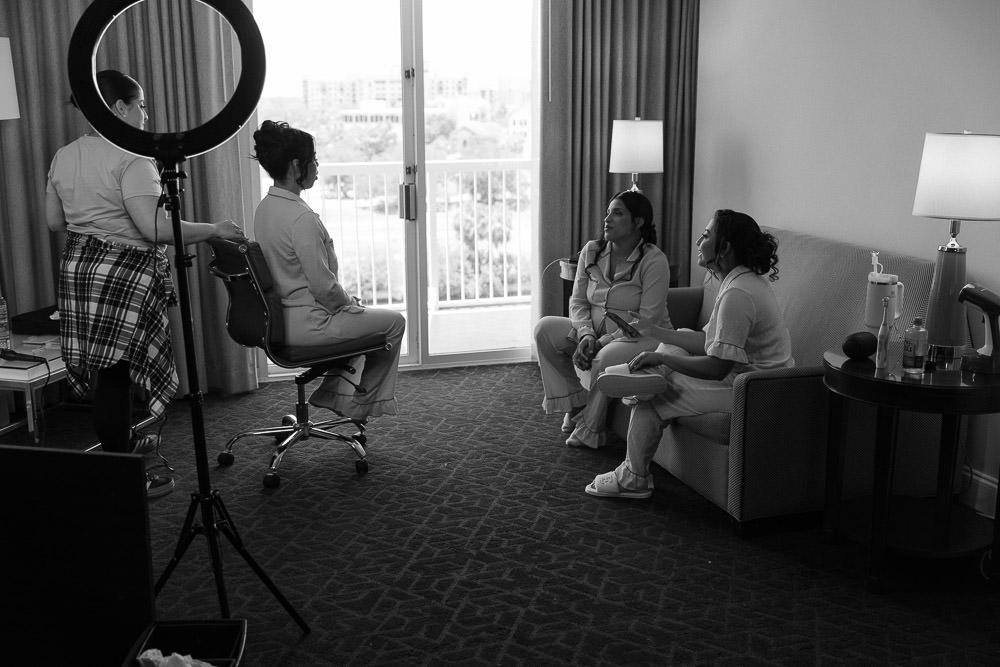 a candid moment ofbride and her girls while getting ready at hotel tampa riverwalk 